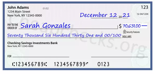 Seventy Thousand Six Hundred Thirty One and 00/100 filled out on a check