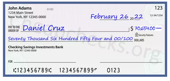 Seventy Thousand Six Hundred Fifty Four and 00/100 filled out on a check