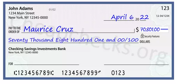 Seventy Thousand Eight Hundred One and 00/100 filled out on a check