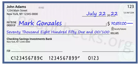 Seventy Thousand Eight Hundred Fifty One and 00/100 filled out on a check