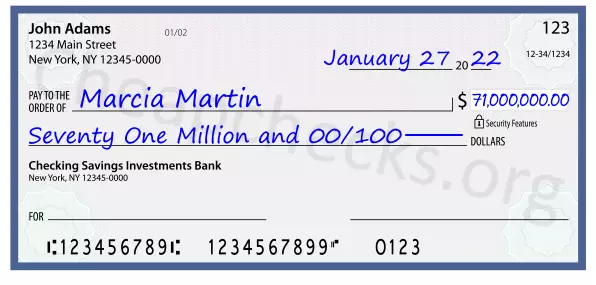 Seventy One Million and 00/100 filled out on a check