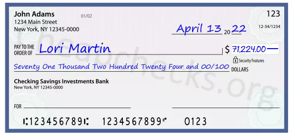 Seventy One Thousand Two Hundred Twenty Four and 00/100 filled out on a check