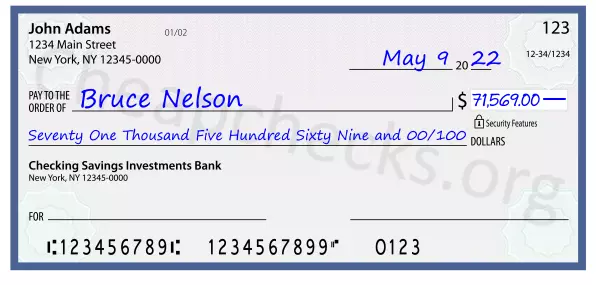 Seventy One Thousand Five Hundred Sixty Nine and 00/100 filled out on a check