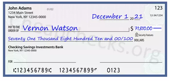 Seventy One Thousand Eight Hundred Ten and 00/100 filled out on a check