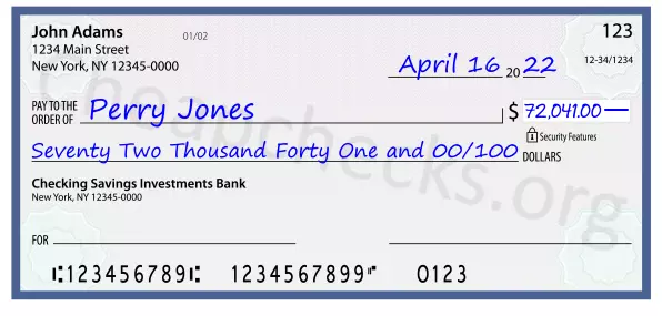 Seventy Two Thousand Forty One and 00/100 filled out on a check