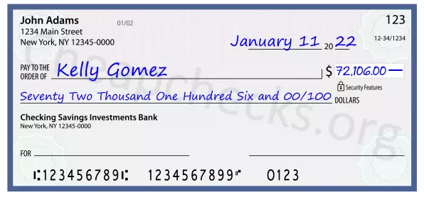 Seventy Two Thousand One Hundred Six and 00/100 filled out on a check