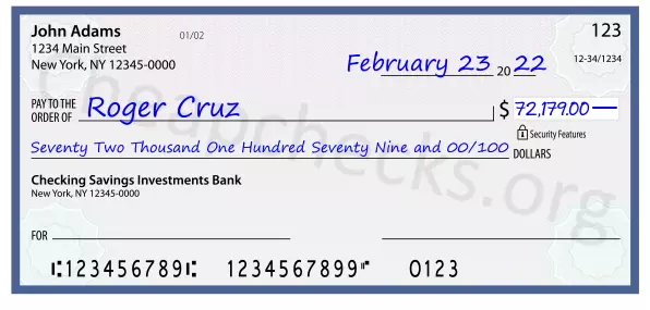 Seventy Two Thousand One Hundred Seventy Nine and 00/100 filled out on a check