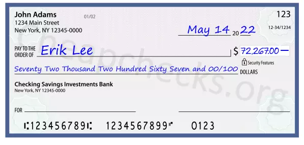 Seventy Two Thousand Two Hundred Sixty Seven and 00/100 filled out on a check