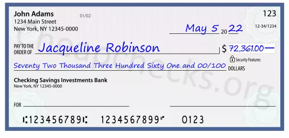 Seventy Two Thousand Three Hundred Sixty One and 00/100 filled out on a check