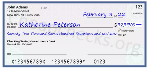 Seventy Two Thousand Seven Hundred Seventeen and 00/100 filled out on a check