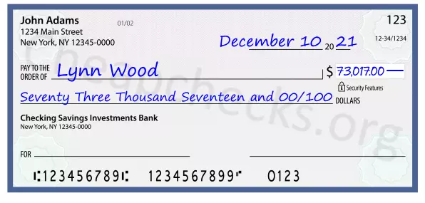 Seventy Three Thousand Seventeen and 00/100 filled out on a check