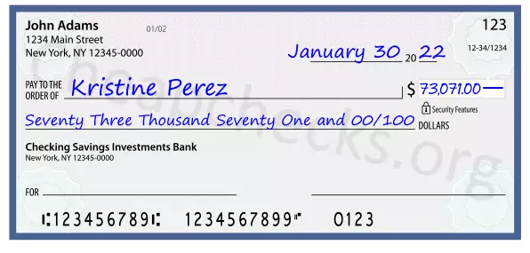 Seventy Three Thousand Seventy One and 00/100 filled out on a check