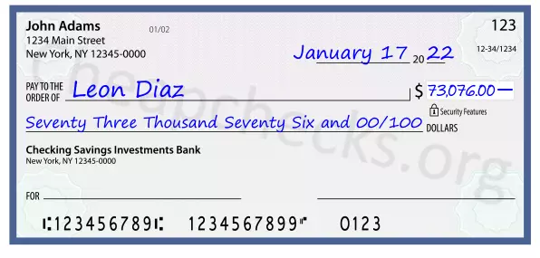 Seventy Three Thousand Seventy Six and 00/100 filled out on a check