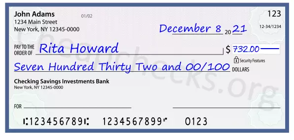 Seven Hundred Thirty Two and 00/100 filled out on a check