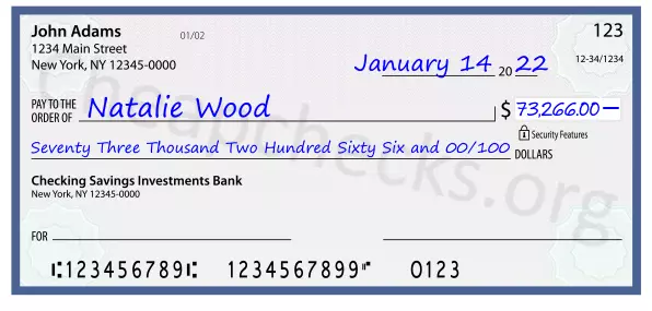 Seventy Three Thousand Two Hundred Sixty Six and 00/100 filled out on a check