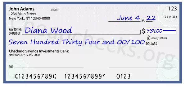 Seven Hundred Thirty Four and 00/100 filled out on a check