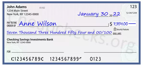 Seven Thousand Three Hundred Fifty Four and 00/100 filled out on a check