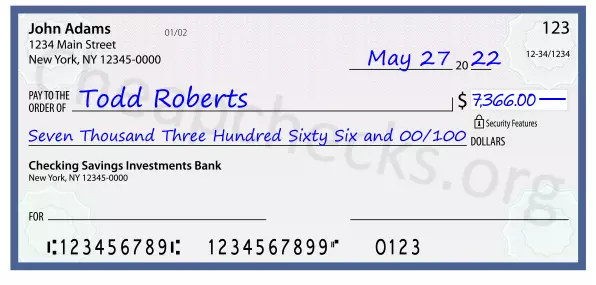 Seven Thousand Three Hundred Sixty Six and 00/100 filled out on a check