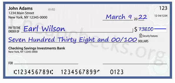 Seven Hundred Thirty Eight and 00/100 filled out on a check