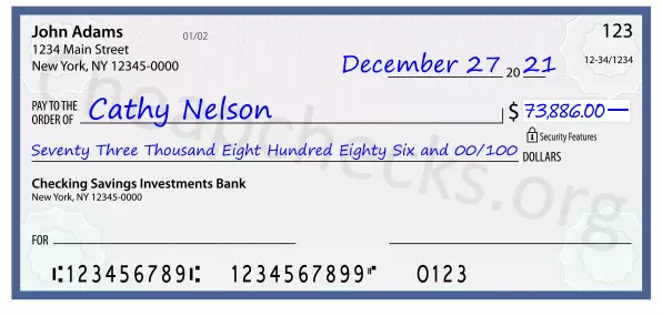 Seventy Three Thousand Eight Hundred Eighty Six and 00/100 filled out on a check