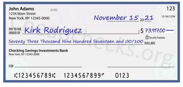 Seventy Three Thousand Nine Hundred Seventeen and 00/100 filled out on a check