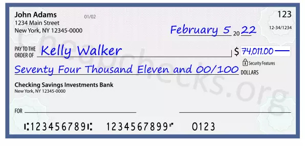 Seventy Four Thousand Eleven and 00/100 filled out on a check