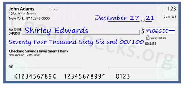 Seventy Four Thousand Sixty Six and 00/100 filled out on a check