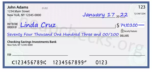 Seventy Four Thousand One Hundred Three and 00/100 filled out on a check