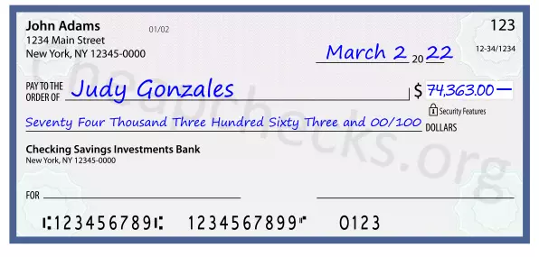 Seventy Four Thousand Three Hundred Sixty Three and 00/100 filled out on a check