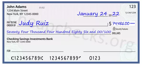 Seventy Four Thousand Four Hundred Eighty Six and 00/100 filled out on a check