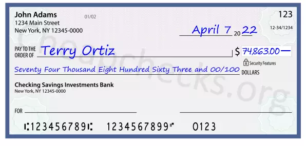 Seventy Four Thousand Eight Hundred Sixty Three and 00/100 filled out on a check