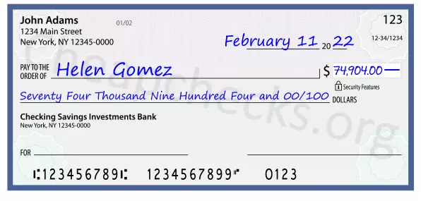 Seventy Four Thousand Nine Hundred Four and 00/100 filled out on a check