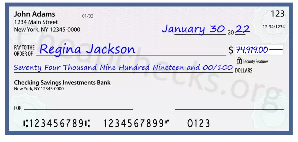 Seventy Four Thousand Nine Hundred Nineteen and 00/100 filled out on a check