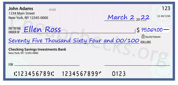 Seventy Five Thousand Sixty Four and 00/100 filled out on a check