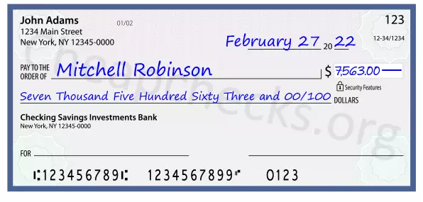 Seven Thousand Five Hundred Sixty Three and 00/100 filled out on a check