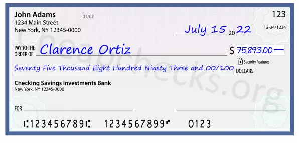 Seventy Five Thousand Eight Hundred Ninety Three and 00/100 filled out on a check