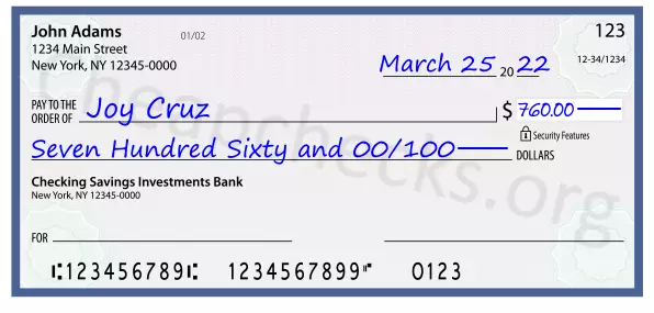 Seven Hundred Sixty and 00/100 filled out on a check