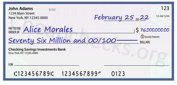 Seventy Six Million and 00/100 filled out on a check