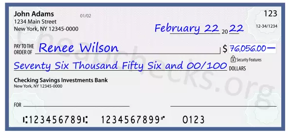 Seventy Six Thousand Fifty Six and 00/100 filled out on a check