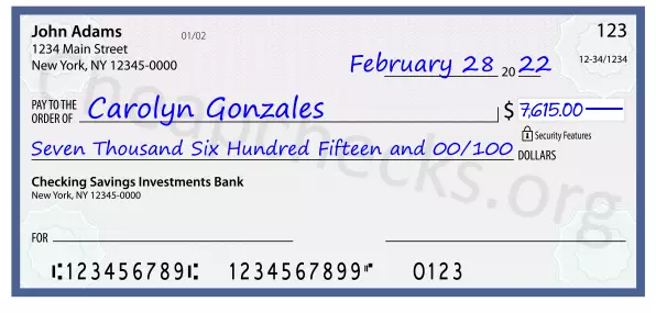 Seven Thousand Six Hundred Fifteen and 00/100 filled out on a check