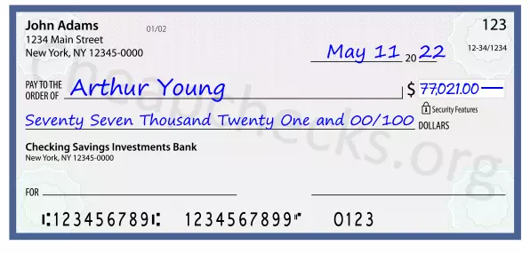 Seventy Seven Thousand Twenty One and 00/100 filled out on a check