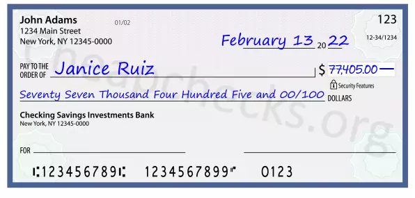 Seventy Seven Thousand Four Hundred Five and 00/100 filled out on a check