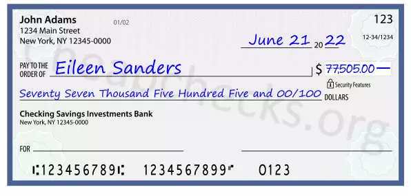 Seventy Seven Thousand Five Hundred Five and 00/100 filled out on a check