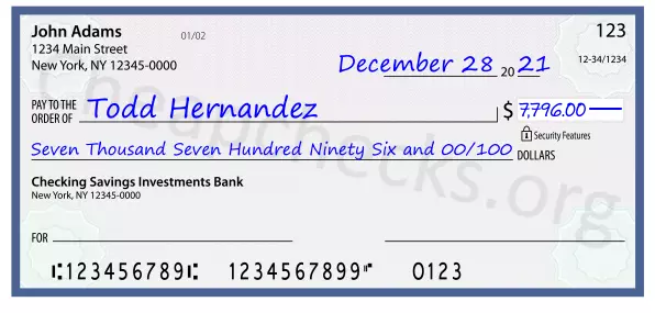 Seven Thousand Seven Hundred Ninety Six and 00/100 filled out on a check