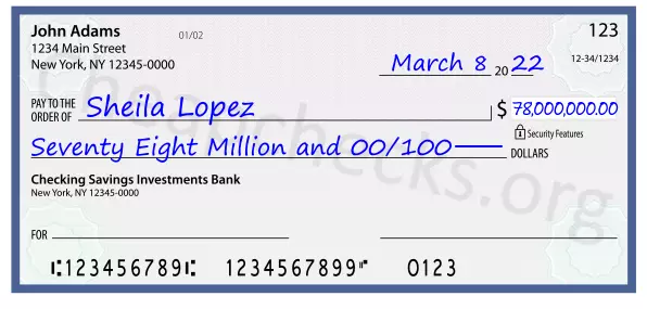 Seventy Eight Million and 00/100 filled out on a check