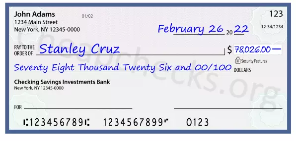 Seventy Eight Thousand Twenty Six and 00/100 filled out on a check