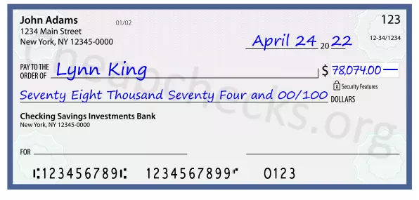 Seventy Eight Thousand Seventy Four and 00/100 filled out on a check