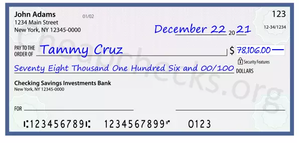 Seventy Eight Thousand One Hundred Six and 00/100 filled out on a check