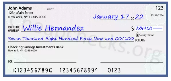 Seven Thousand Eight Hundred Forty Nine and 00/100 filled out on a check