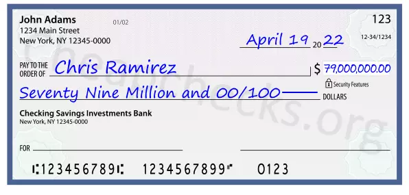 Seventy Nine Million and 00/100 filled out on a check
